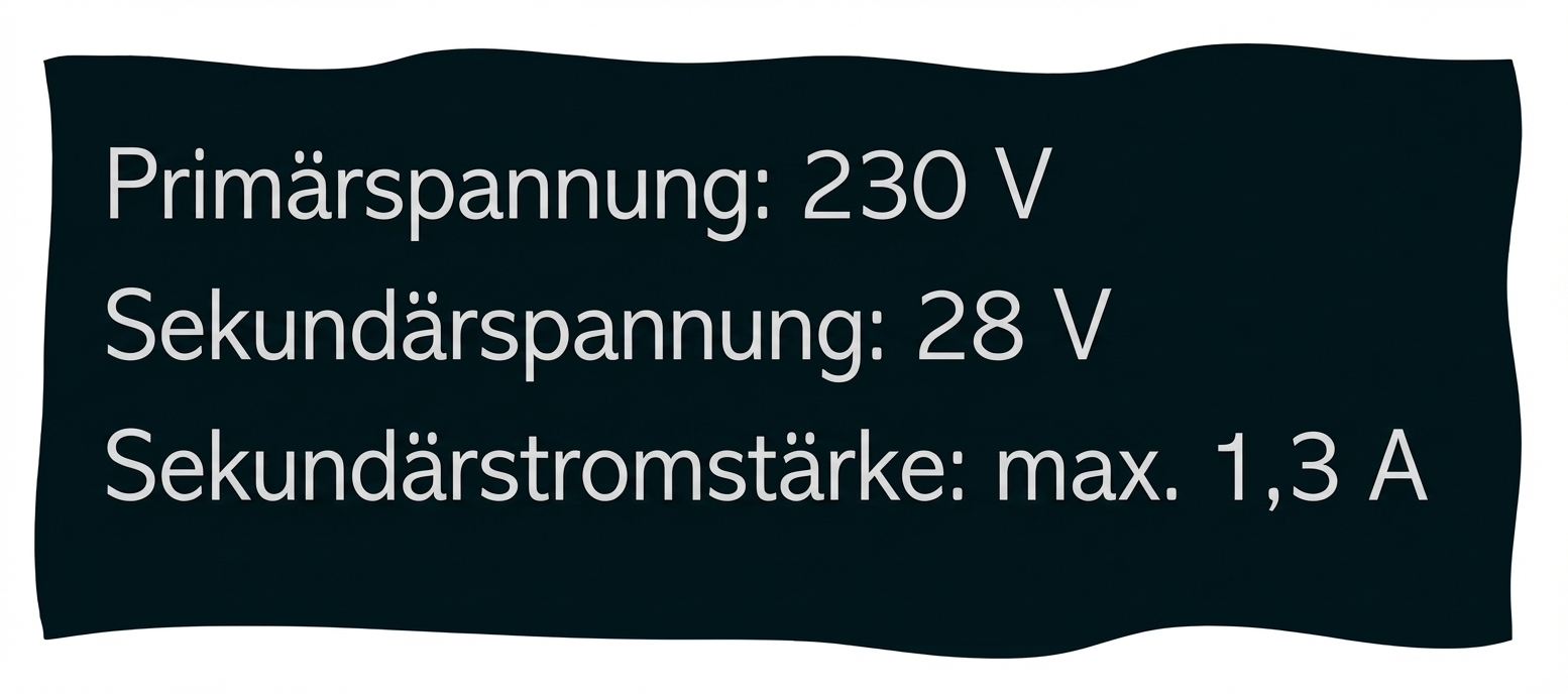 Schild mit technischen Angaben: Primärspannung 230 V, Sekundärspannung 28 V, Sekundärstrom max. 1,3 A